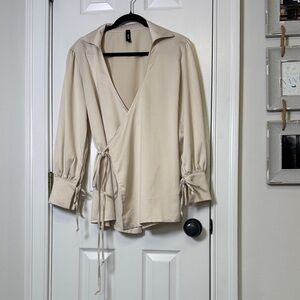 Venti6Wrap Blouse Beige Italy Made Long Sleeve Tie Cuff Medium
